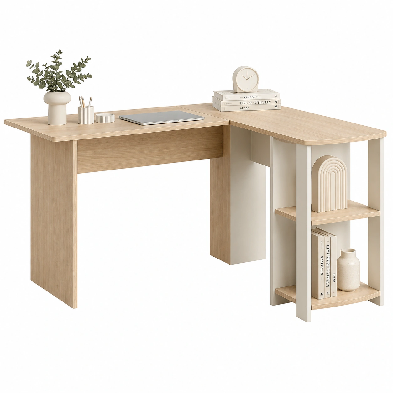 Escritorio esquinero beige con estanteria lateral-ElmoriaHome