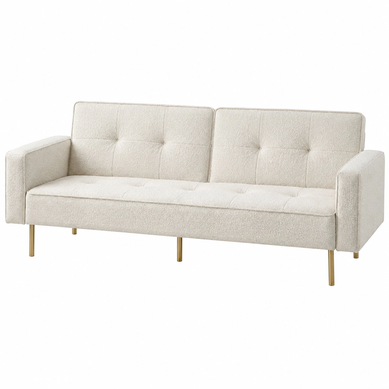Sofa cama minimalista tapizado en tejido boucle blanco crema con apoyabrazos rectos y patas metalicas finas para dormitorio y sala moderna-ElmoriaHome