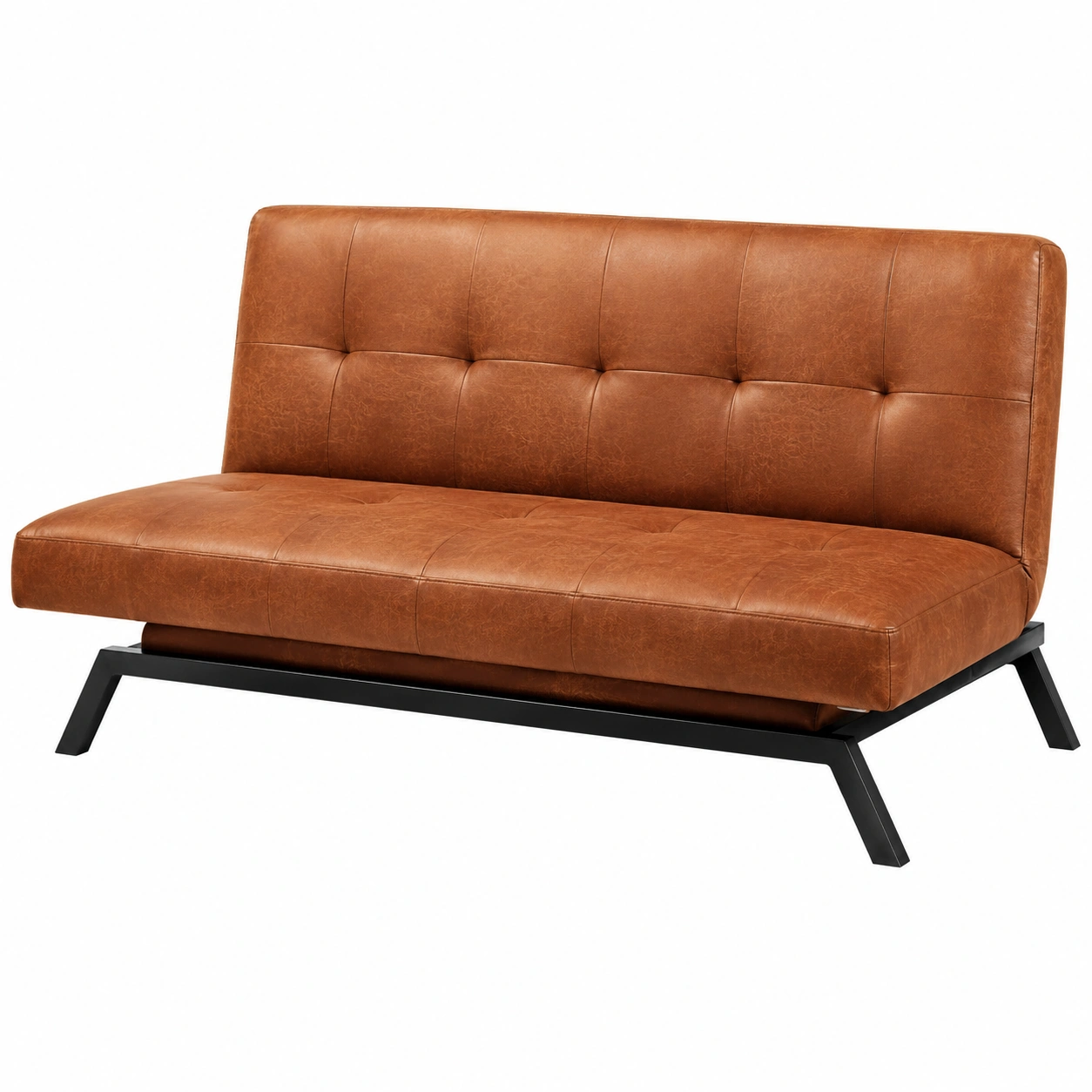 Sofa cama industrial tapizado en cuero sintetico marron oscuro con base metalica negra y respaldo capitoneado para loft y salon moderno-ElmoriaHome