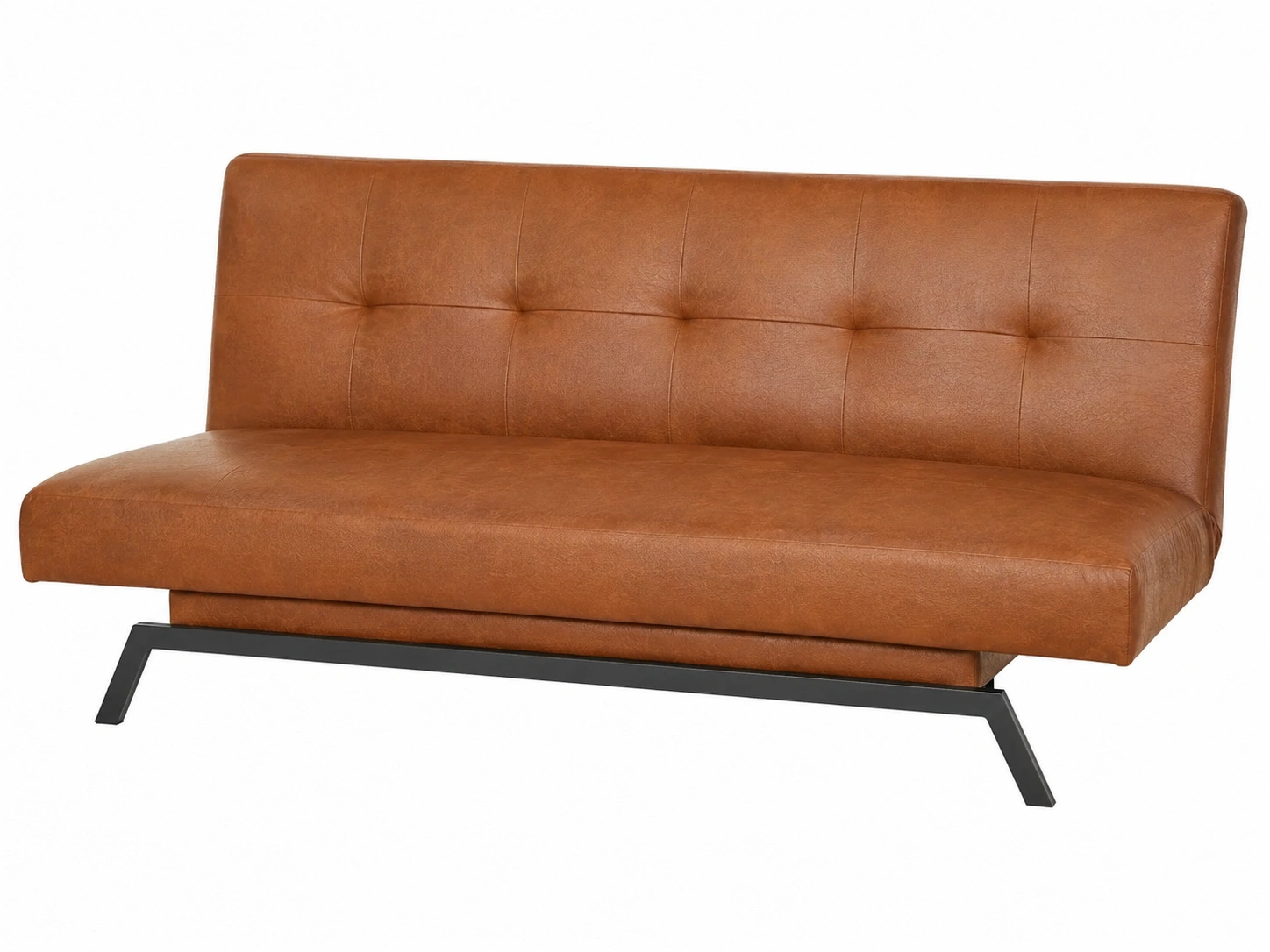 Sofa cama contemporaneo tapizado en cuero sintetico marron caramelo con base metalica negra y asiento amplio para sala de estar moderna-ElmoriaHome