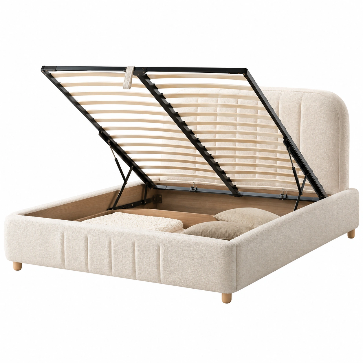 Cama abatible tapizada boucle crema con almacenaje-HavensiaHome