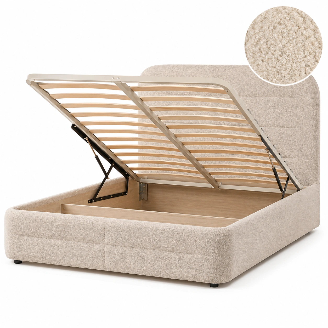 Cama tapizada minimalista con almacenaje oculto boucle beige-HavensiaHome