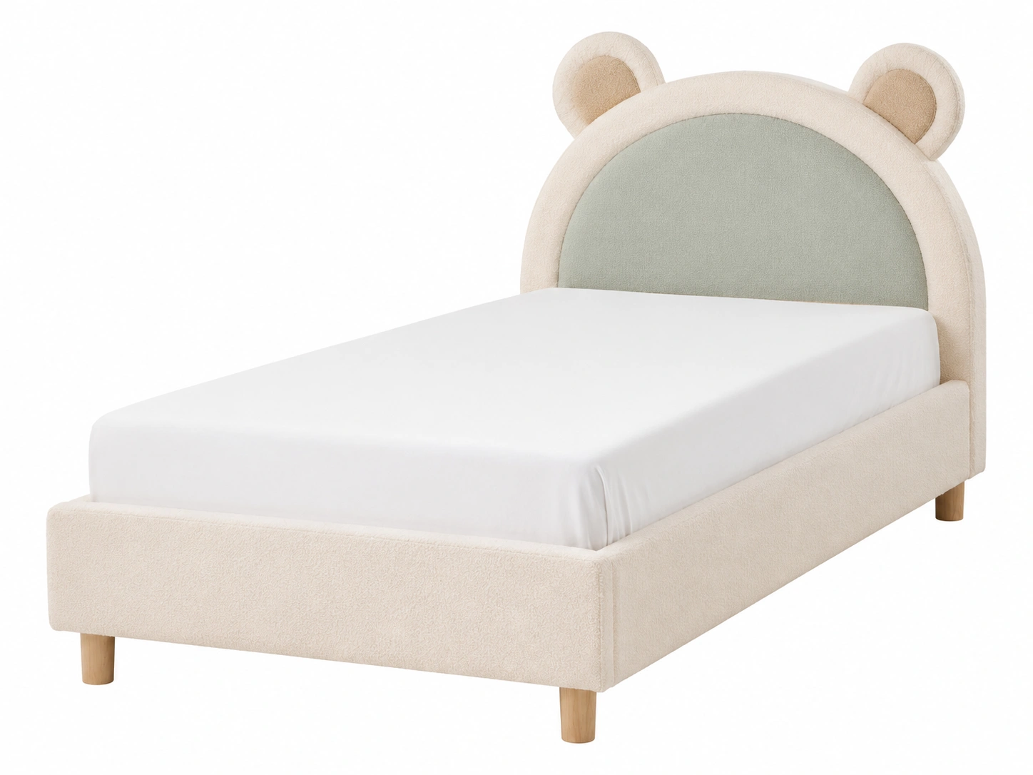 Cama infantil tapizada verde suave con orejas decorativas-HavensiaHome