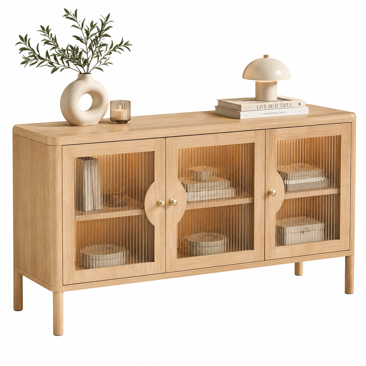 Aparador de madera con puertas de vidrio acanalado-HavensiaHome