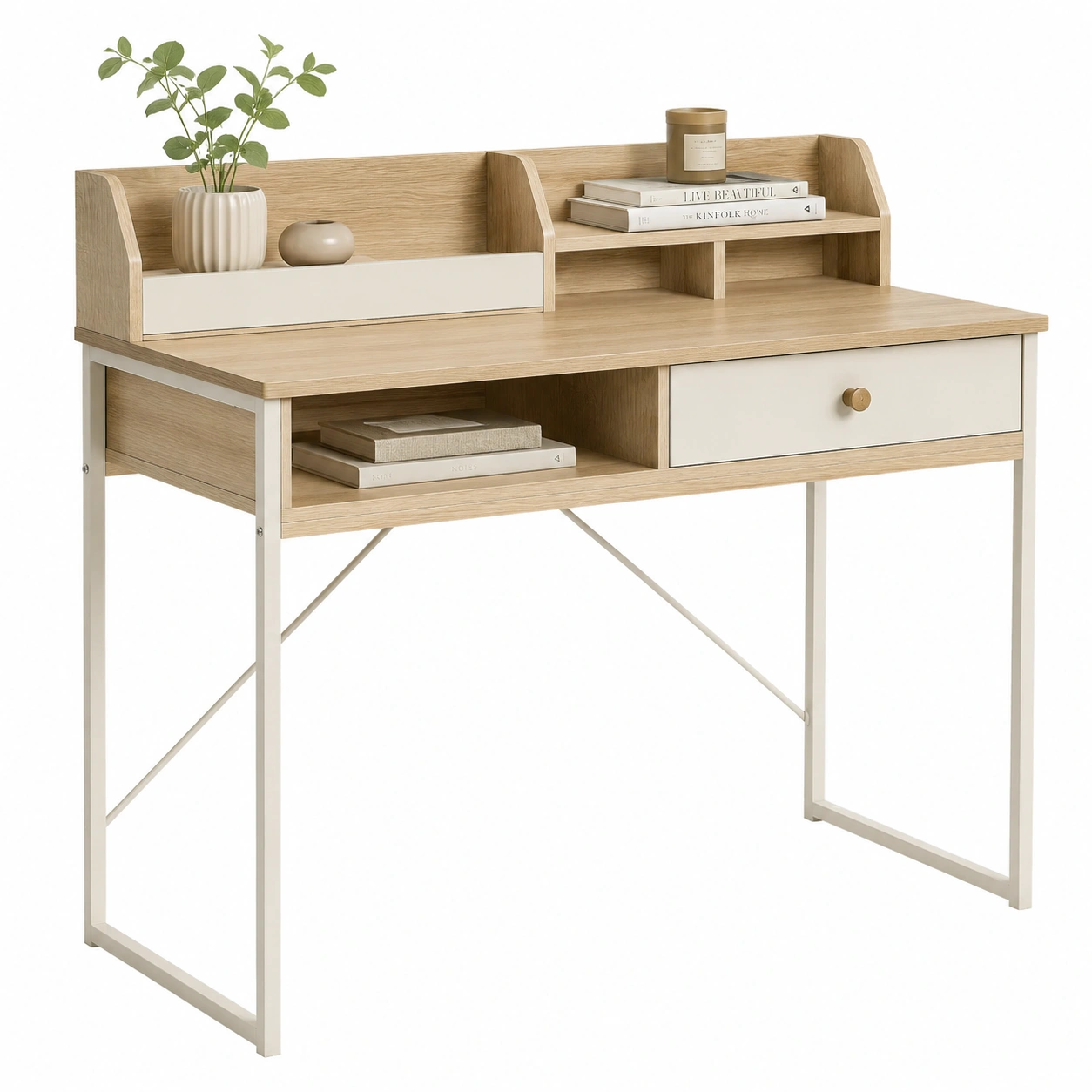 Escritorio compacto de madera con estante superior-HavensiaHome