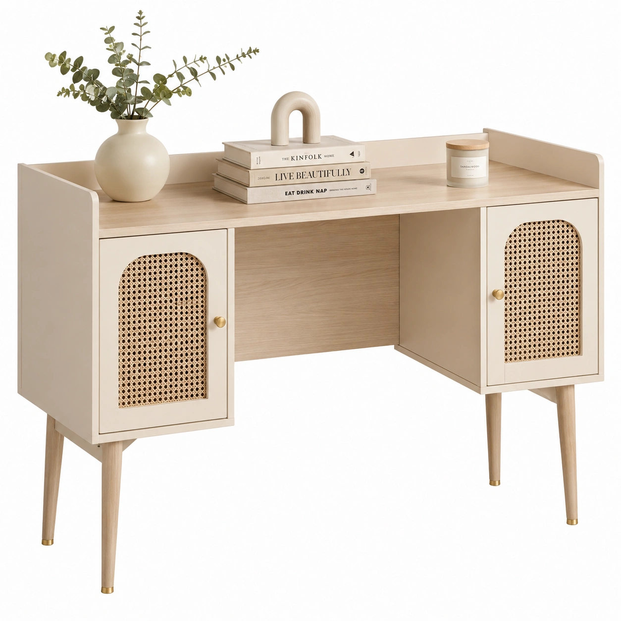 Escritorio boho con puertas de ratan y acabado natural-HavensiaHome