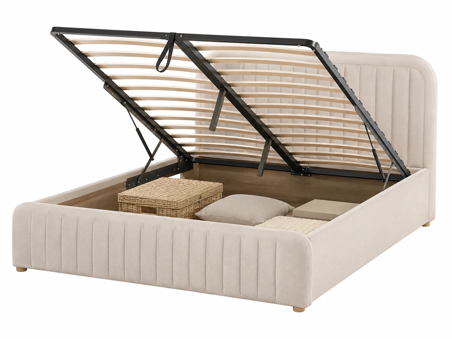 Cama Tapizada Beige con Almacenamiento Elevable-HavensiaHome