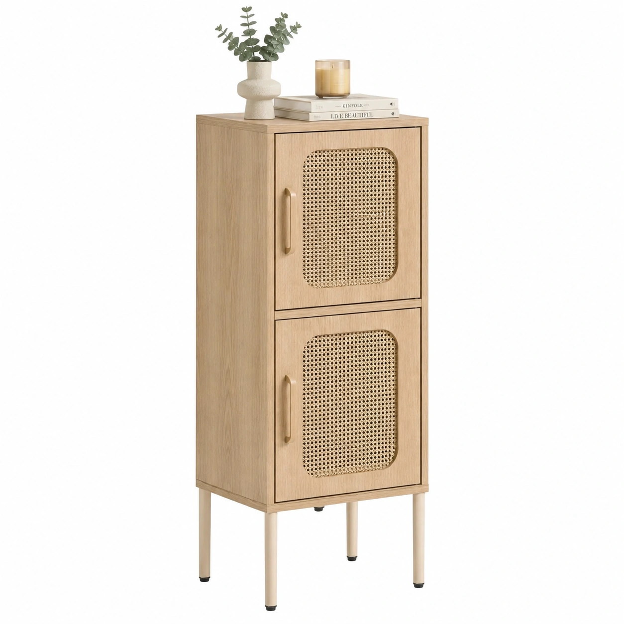 Armario Alto de Madera Natural con Ratán-HavensiaHome