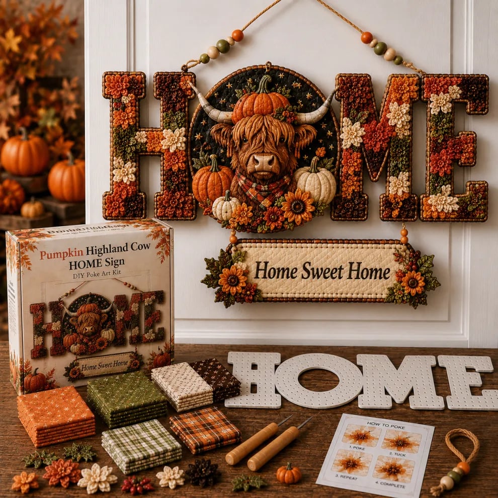 DIY Fabric Poke Art HOME Sign Kit – No-Sew Seasonal Door & Wall Hanging Craft - Highland Cow HOME