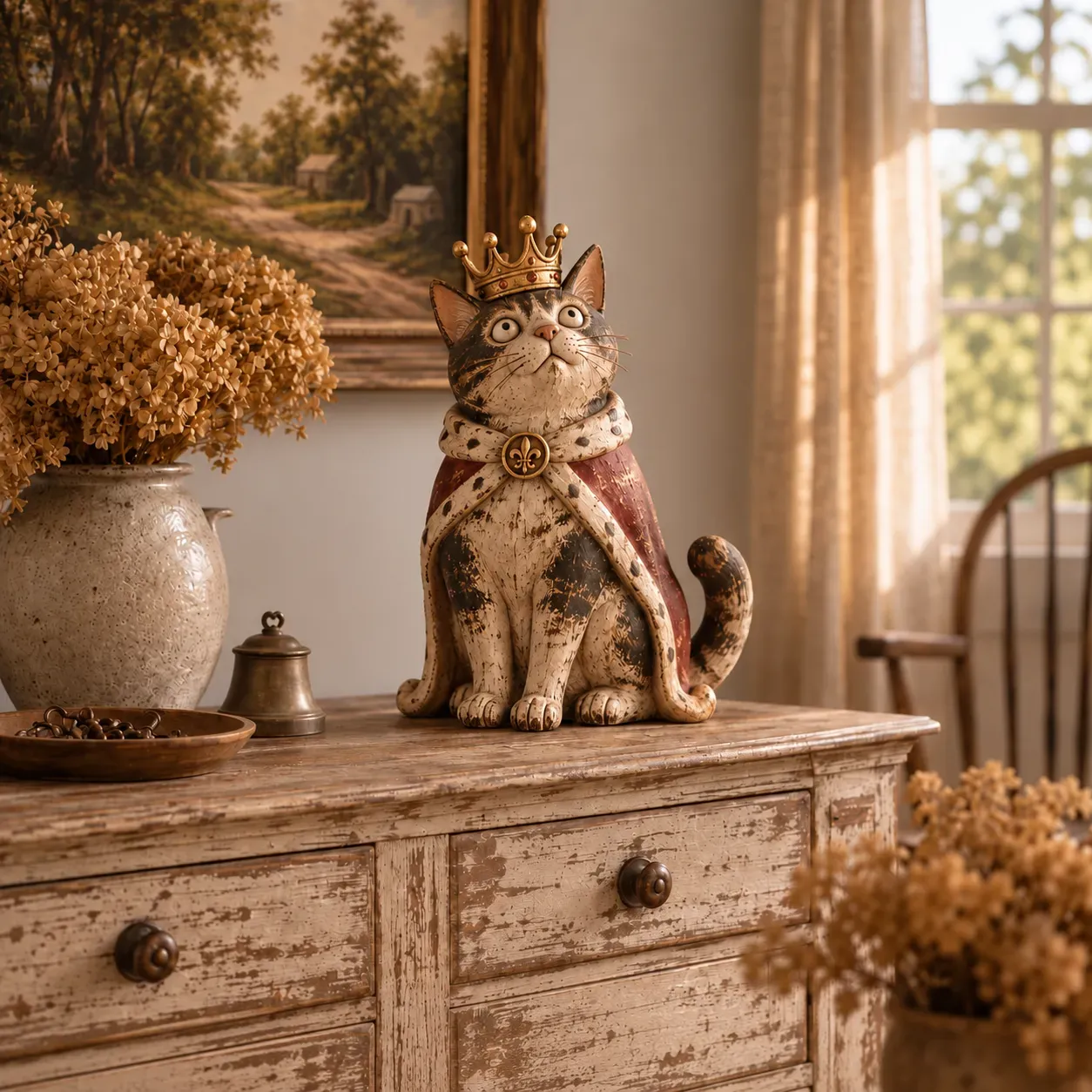Crowned King medieval cat figurine with vintage-inspired finish