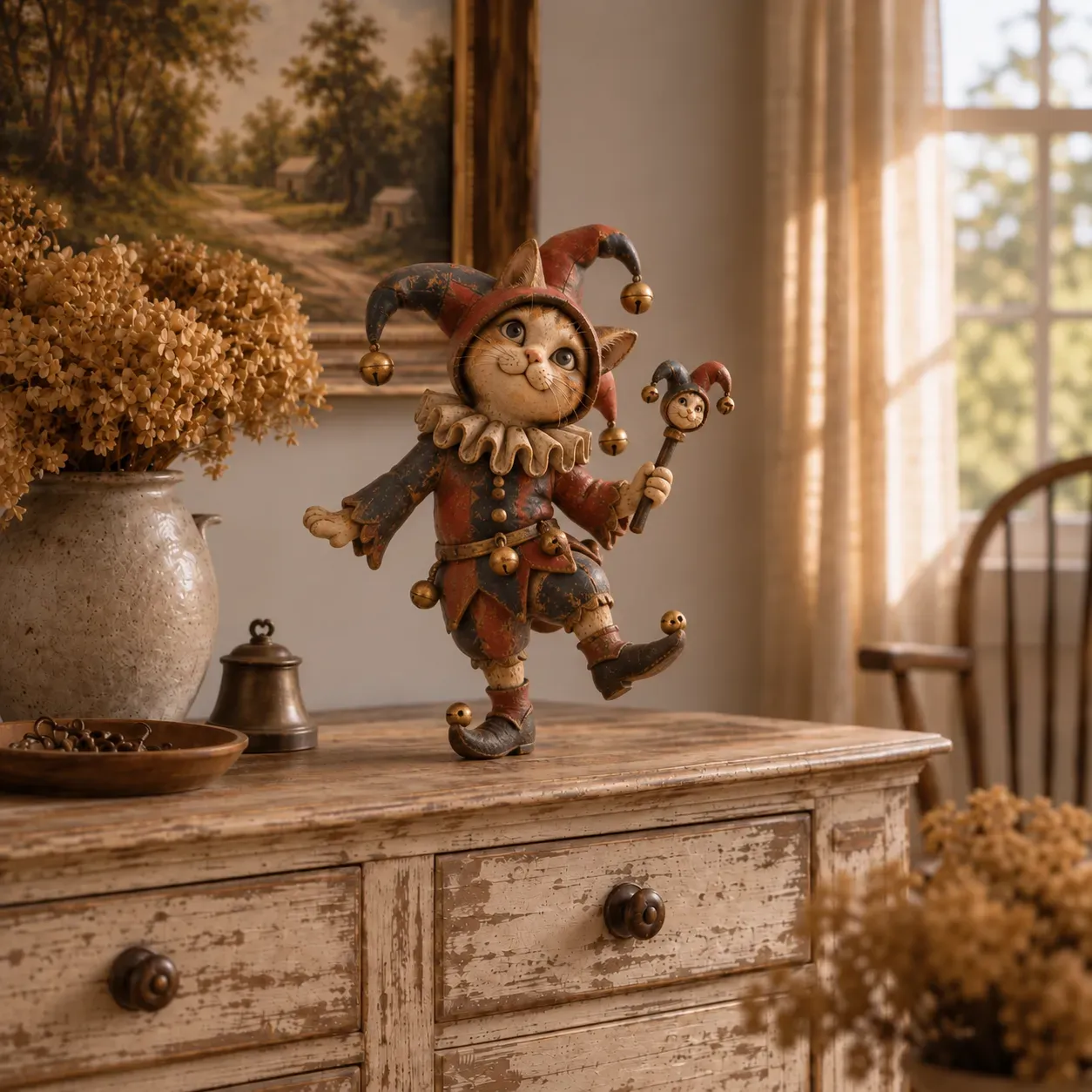 Court Jester medieval cat figurine with vintage-inspired finish