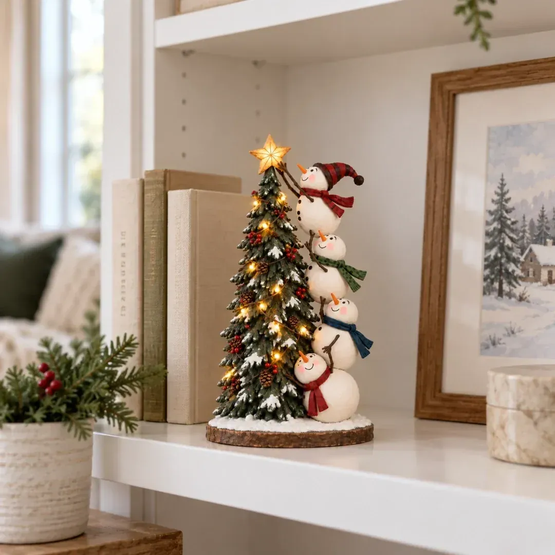 Glowing Christmas snowmen figurine displayed on a white bookshelf beside books, winter artwork, greenery and seasonal decorations