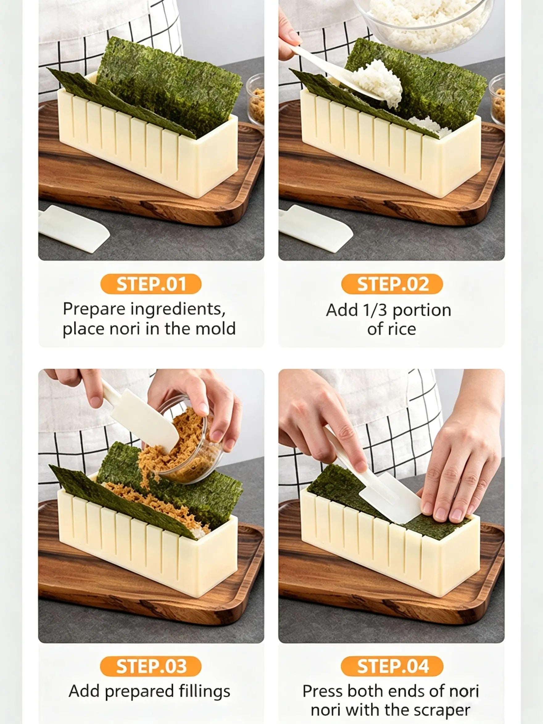DIY Non-Stick Sushi Maker Mold Set with Cutting Groove – HIPS One-Press Sushi Making Kit