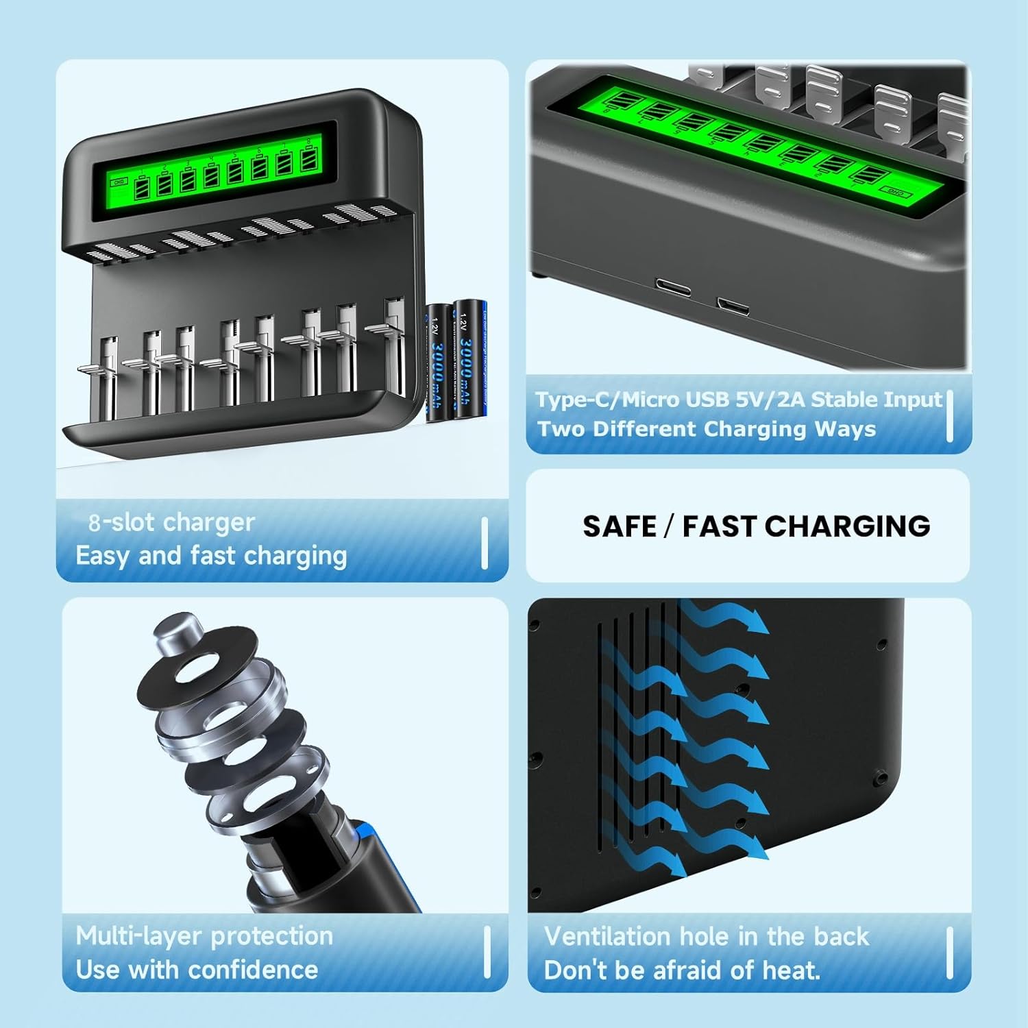 AMOSTING 8 Bay AA AAA C D Battery Charger