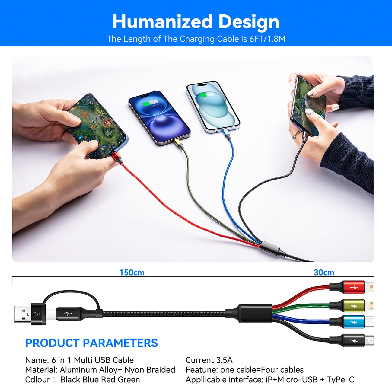 AMOSTING 6 in 1 Multiple Charging Cable 2Pack 6Ft