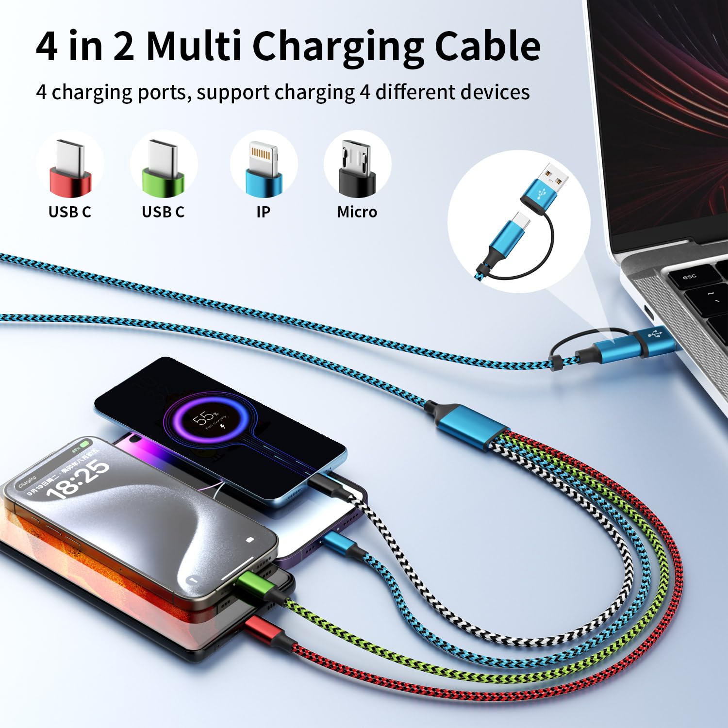 AMOSTING 4 in 2 Multi Charging Cable with Dual Type C Port 2Pack 5FT