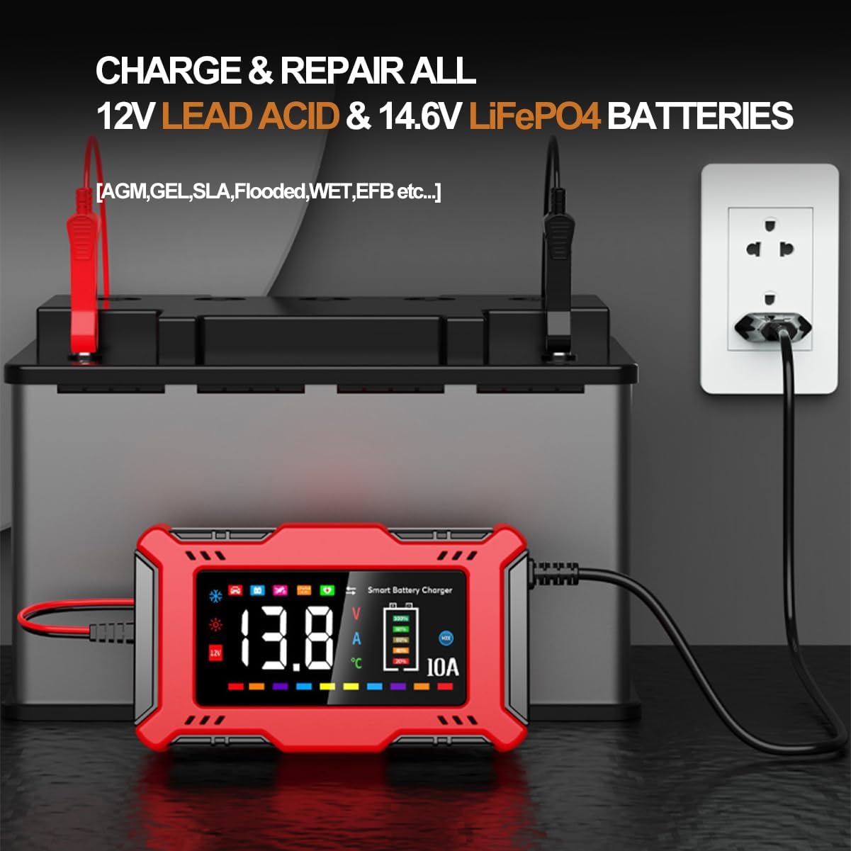 AMOSTING Car Battery Charger 10A with Large LCD Display