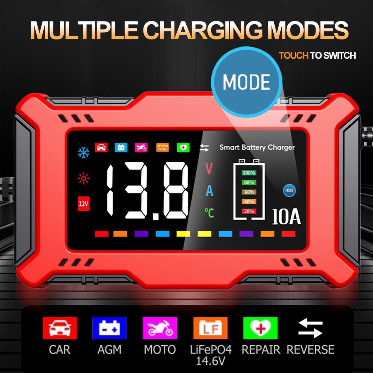 AMOSTING Car Battery Charger 10A with Large LCD Display