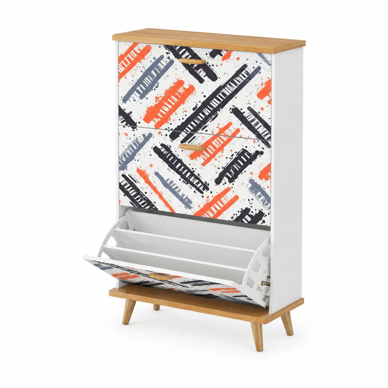 Meuble à chaussures en bois avec motifs graphiques, 110 cm x 80 cm x 24 cm