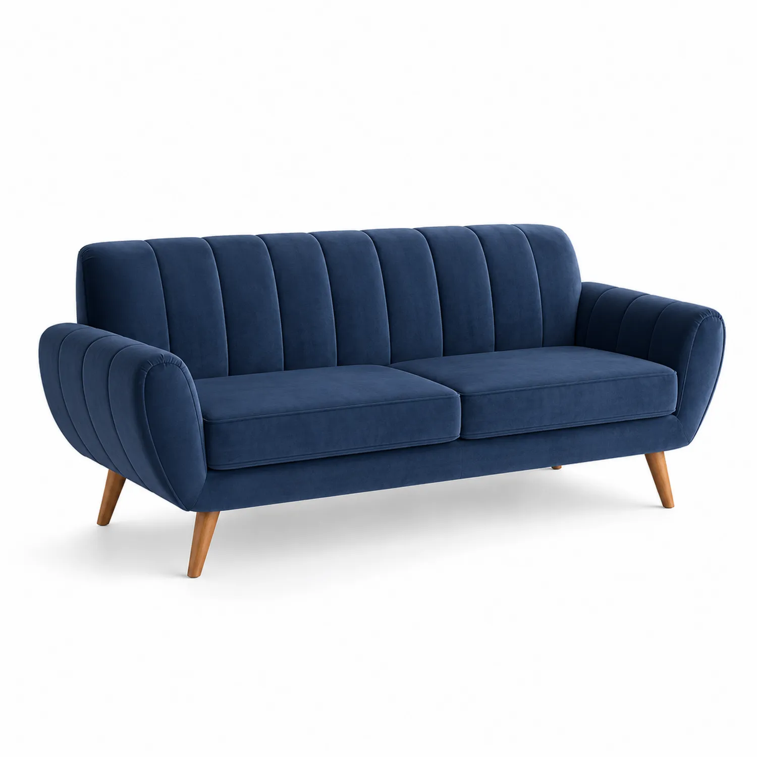 Canapé en velours bleu avec pieds en bois
