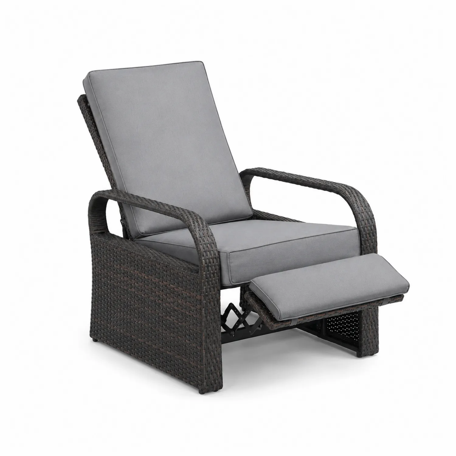 Fauteuil inclinable en rotin synthétique et métal avec coussins gris