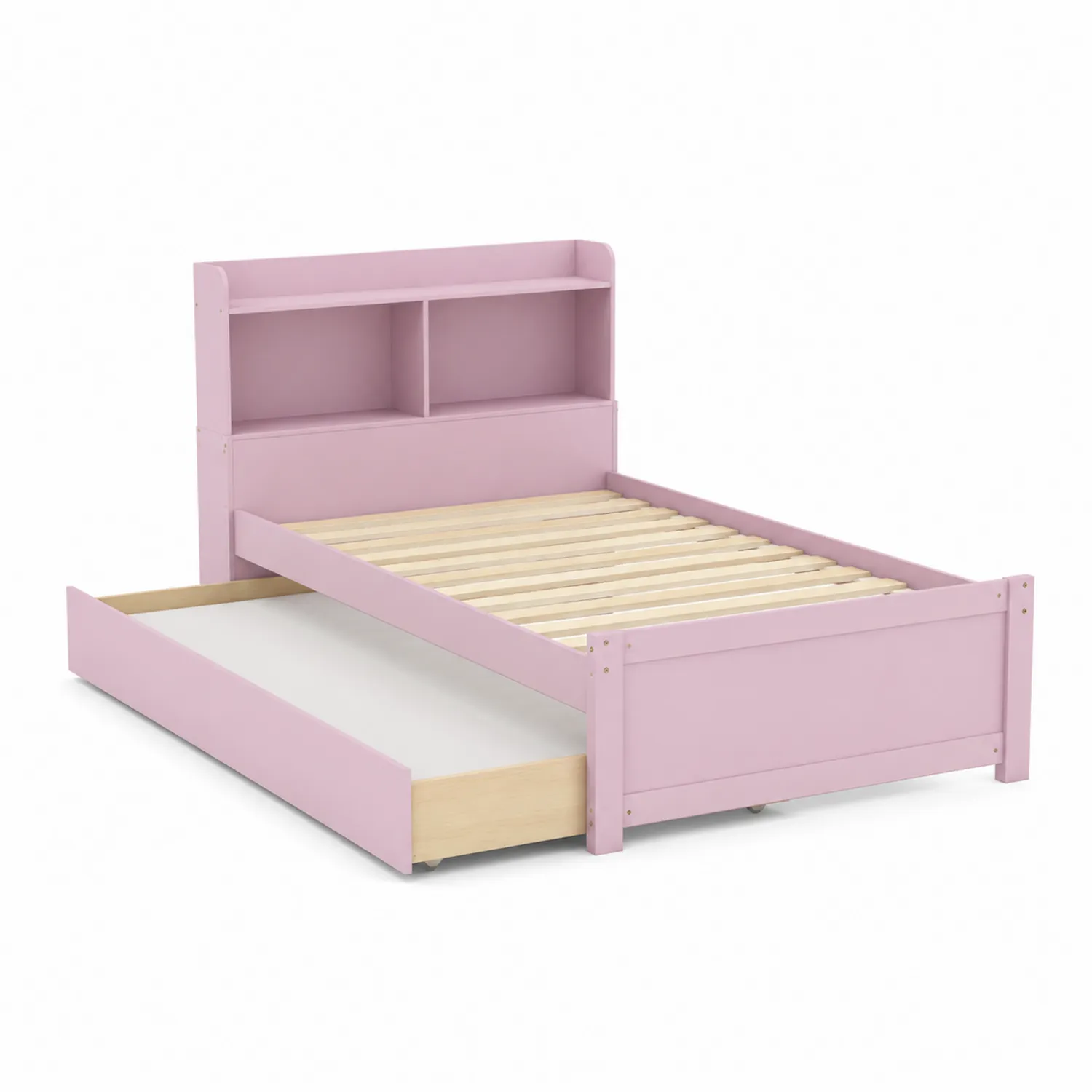 Lit simple en bois rose avec tiroir et étagères