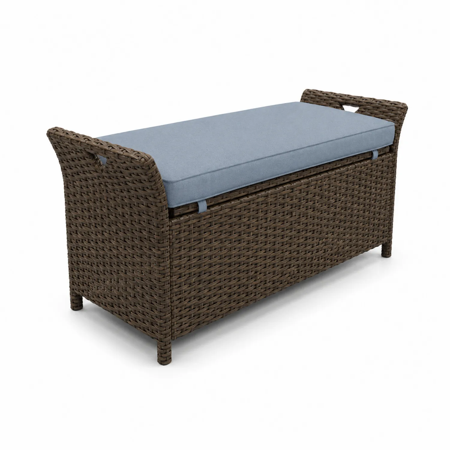 Banc extérieur en résine tressée avec coussin amovible brun et bleu