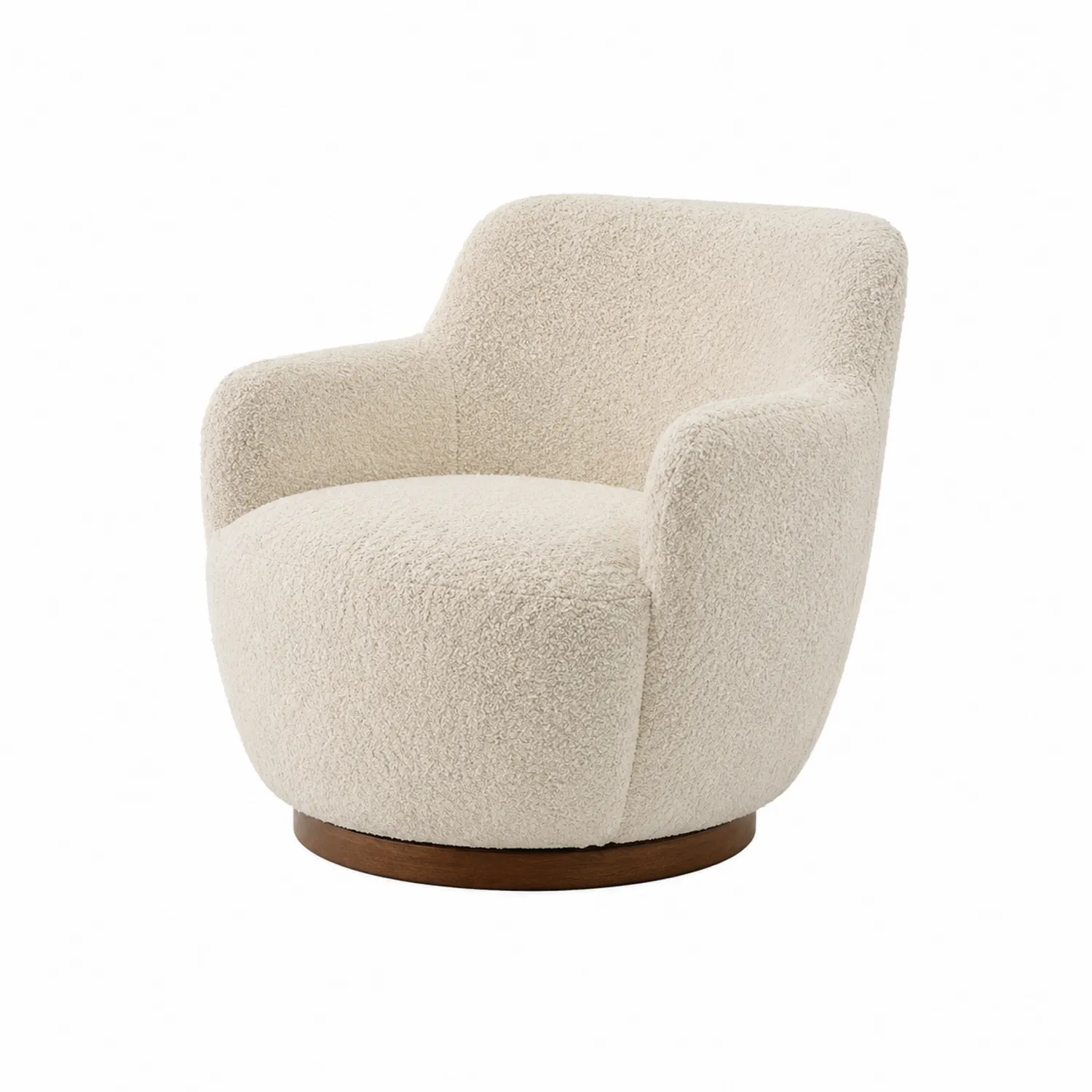 Fauteuil rotatif en tissu bouclé avec base en bois