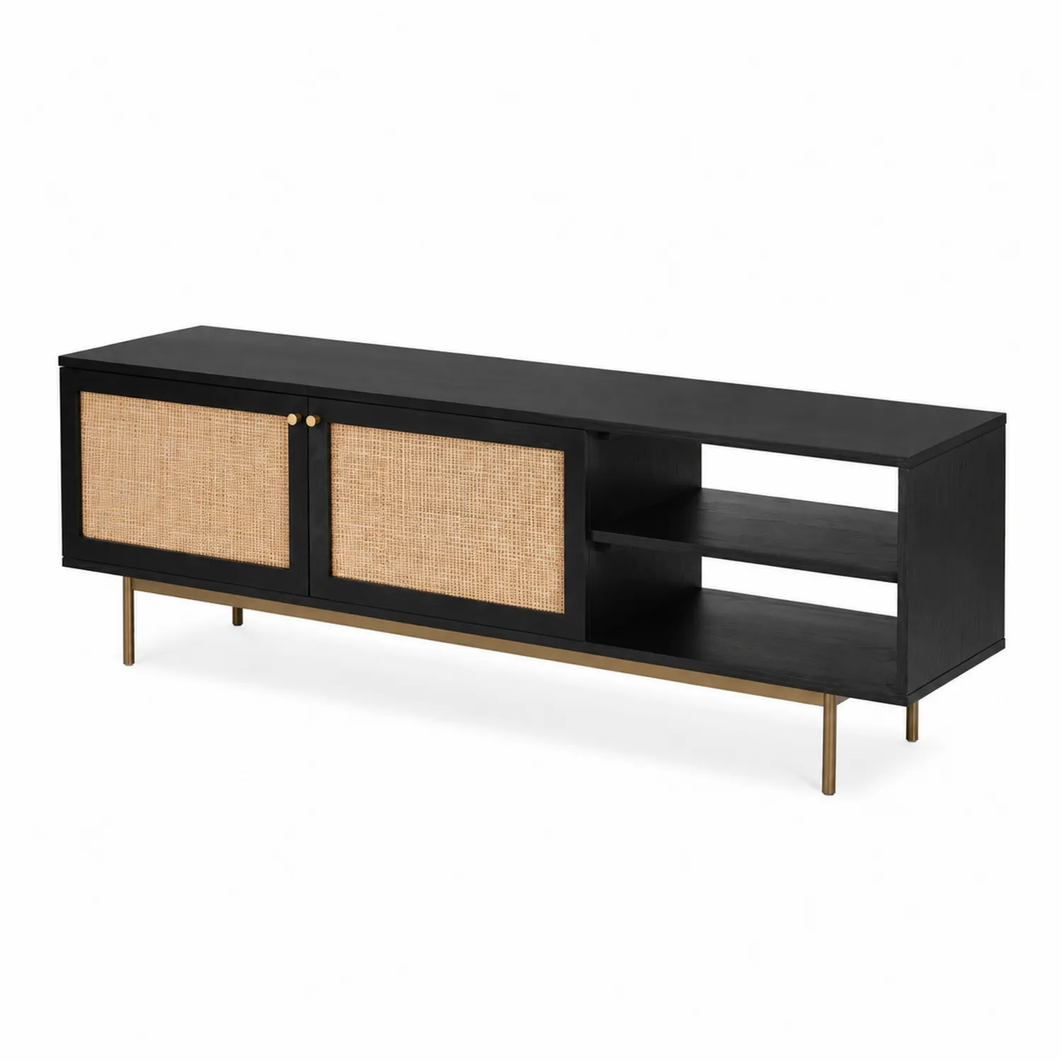 Meuble TV en bois et rotin avec portes coulissantes 160 cm
