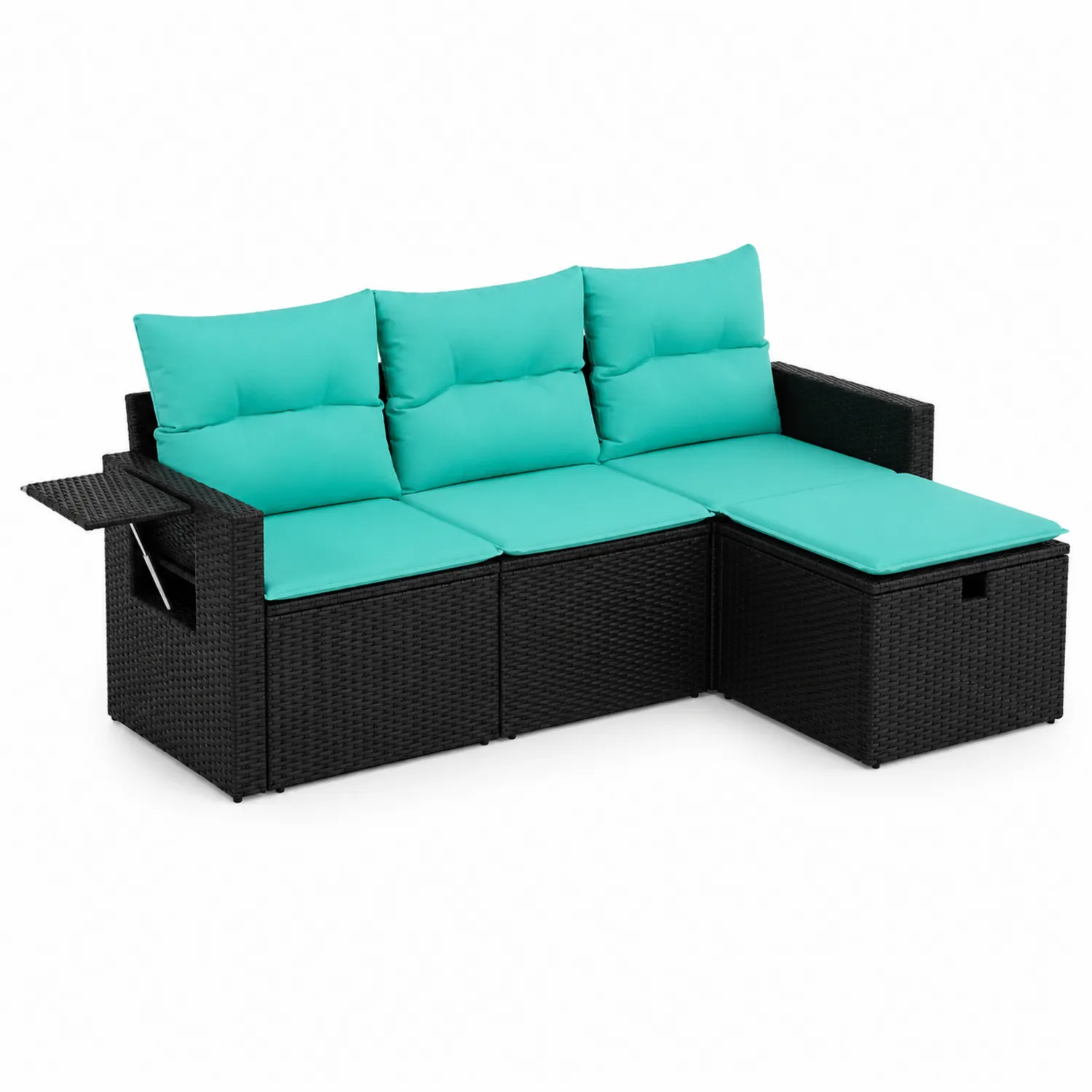 Canapé modulable de jardin en résine tressée noir avec coussins turquoise