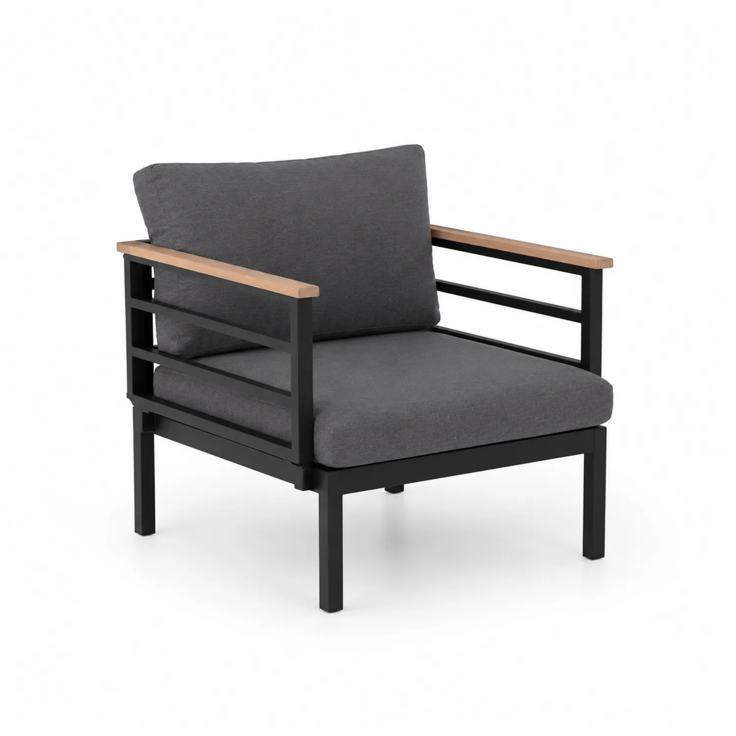 Fauteuil extérieur en métal, accoudoirs en bois, coussins en polyester gris