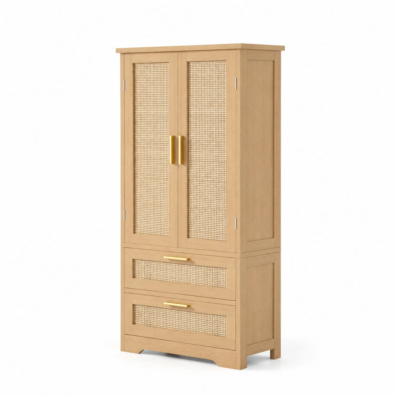 Armoire en bois avec portes en rotin et poignées dorées