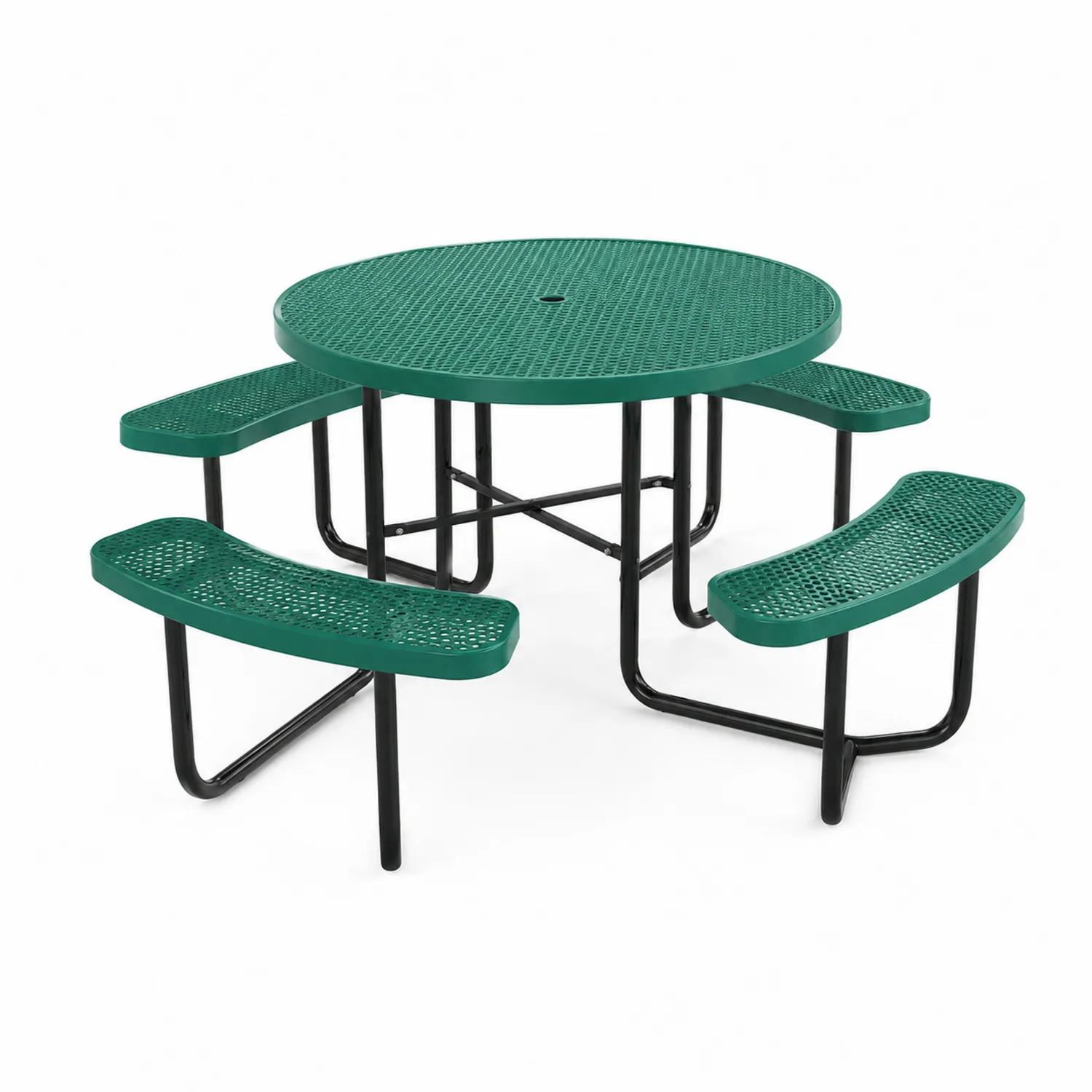 Table de pique-nique ronde en métal avec bancs intégrés