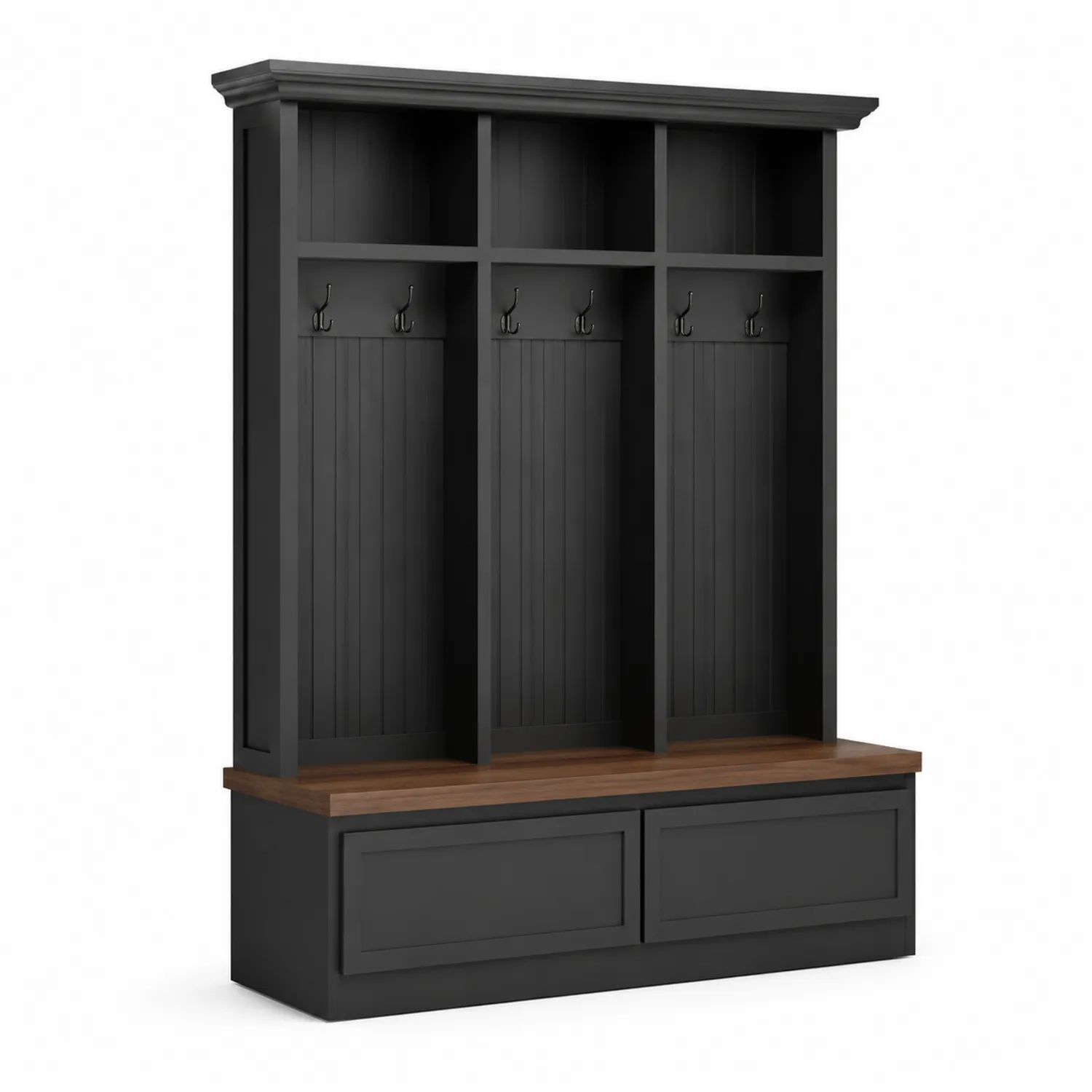 Vestiaire en bois noir avec banc en contreplaqué de chêne