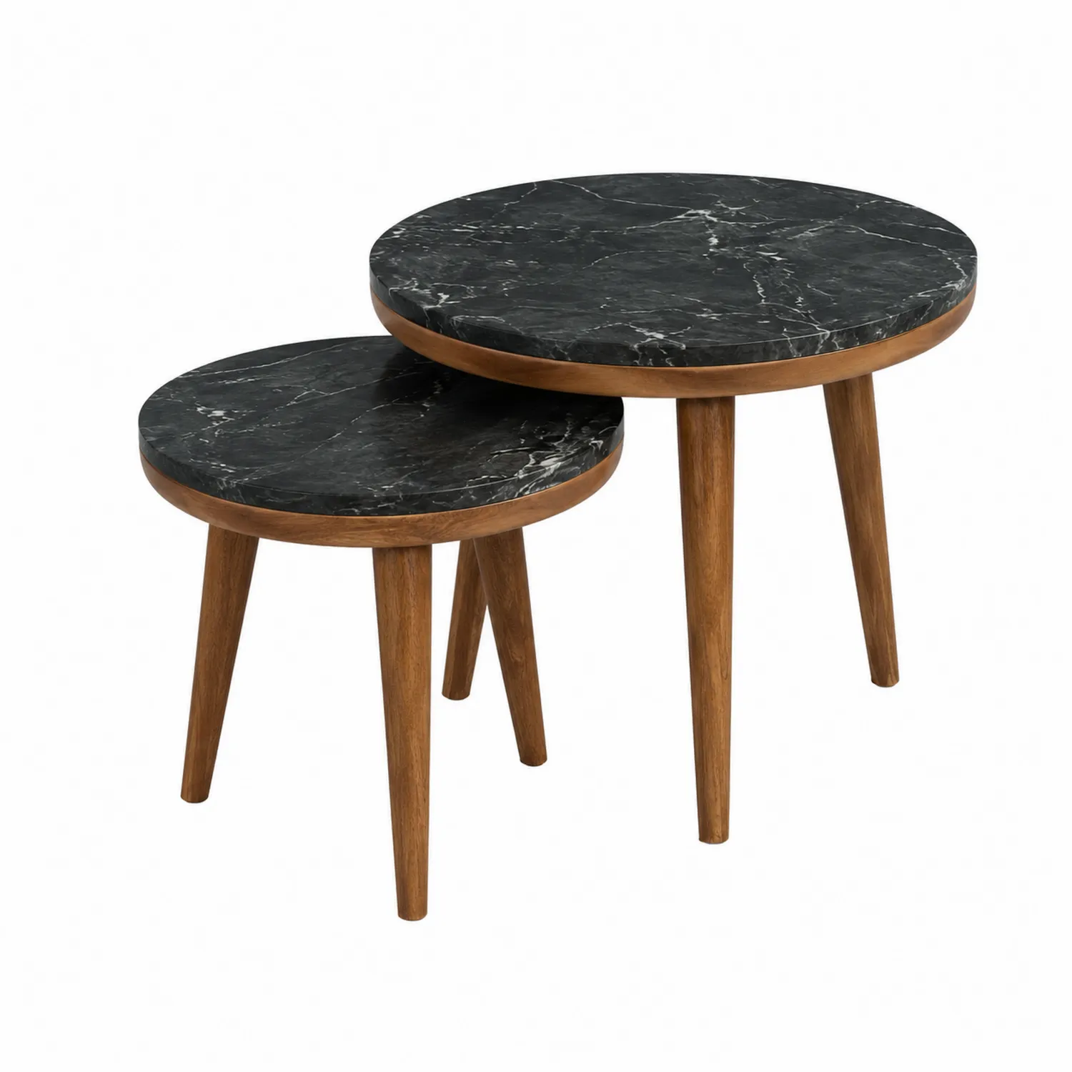 Tables Gigognes Rondes en Marbre Noir et Bois