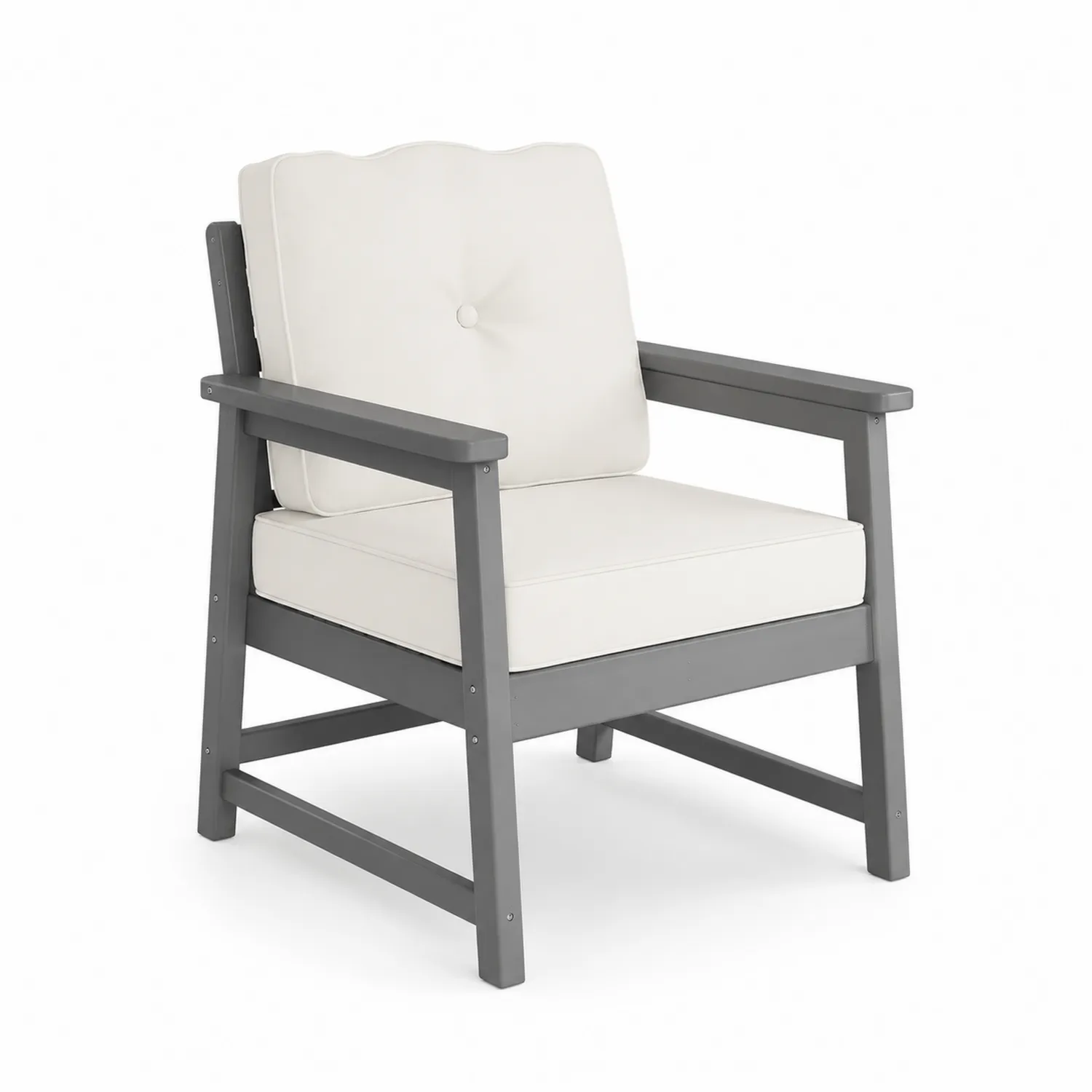 Chaise de jardin en bois gris avec coussins en polyester blancs