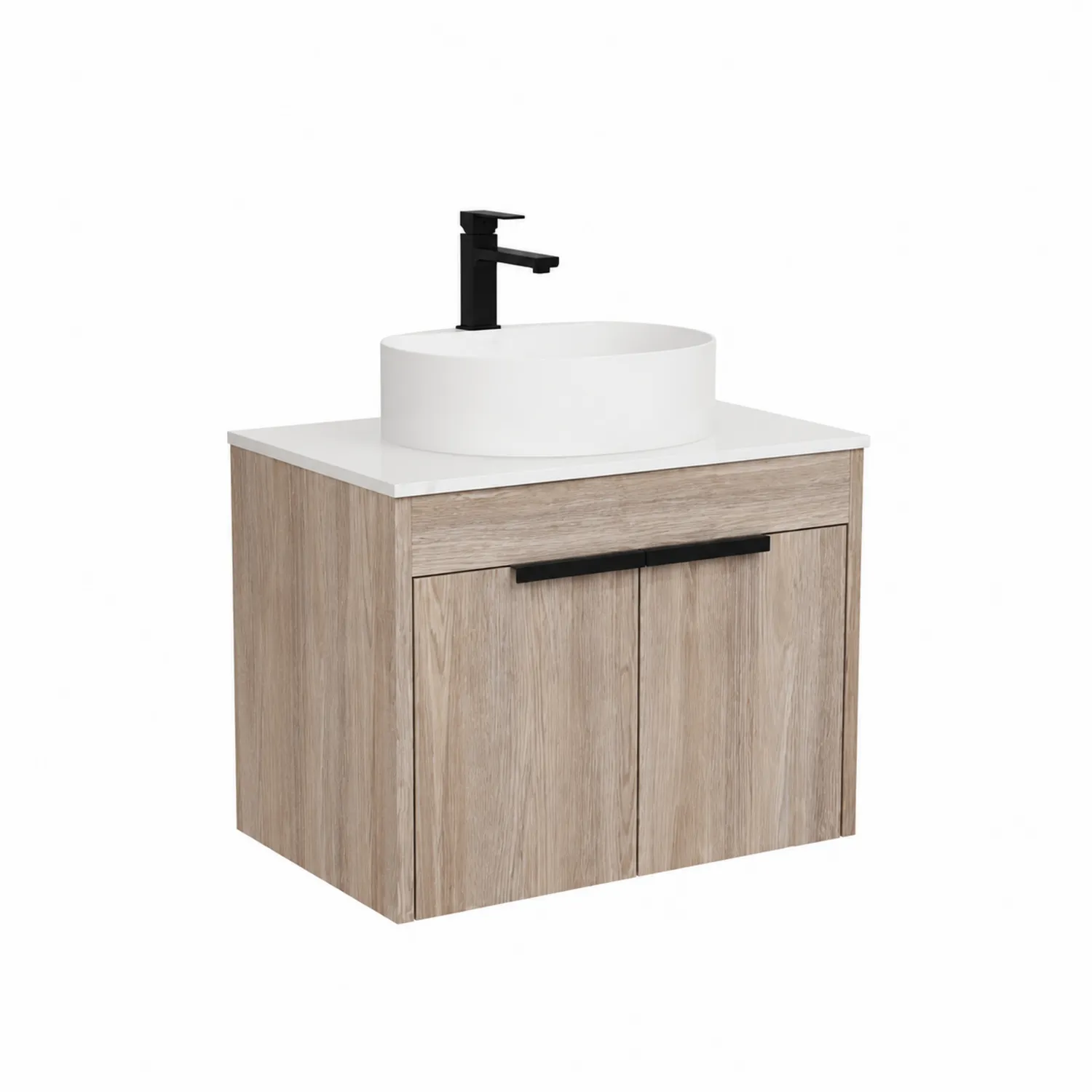 Meuble lavabo en bois clair avec vasque en céramique blanche