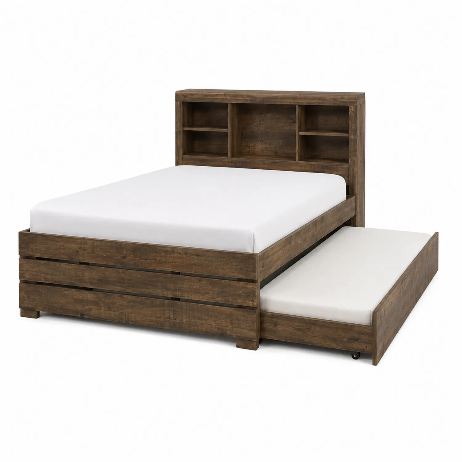 Lit en bois avec étagère et lit gigogne