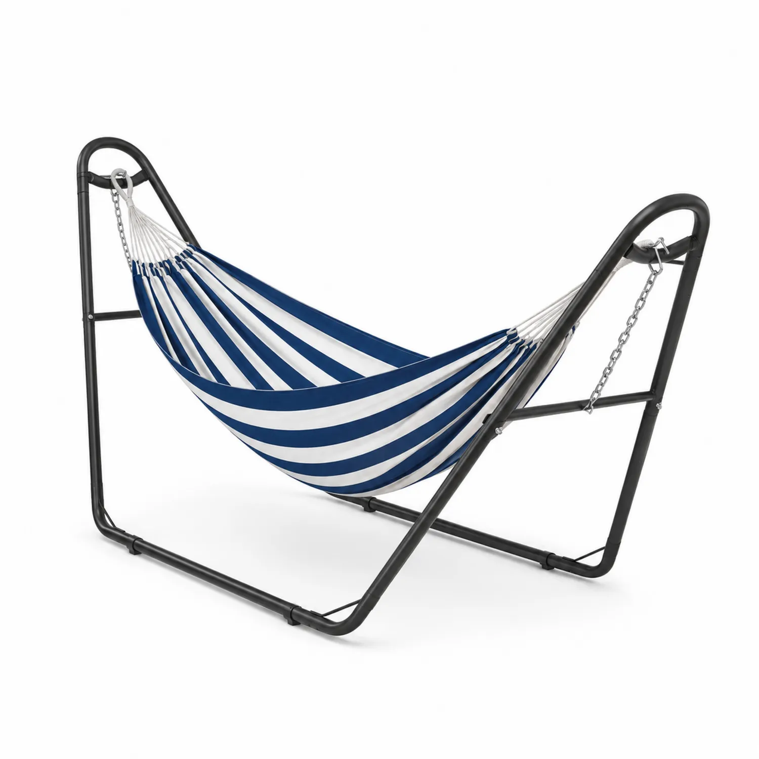 Hamac en tissu avec support en acier rayé bleu et blanc