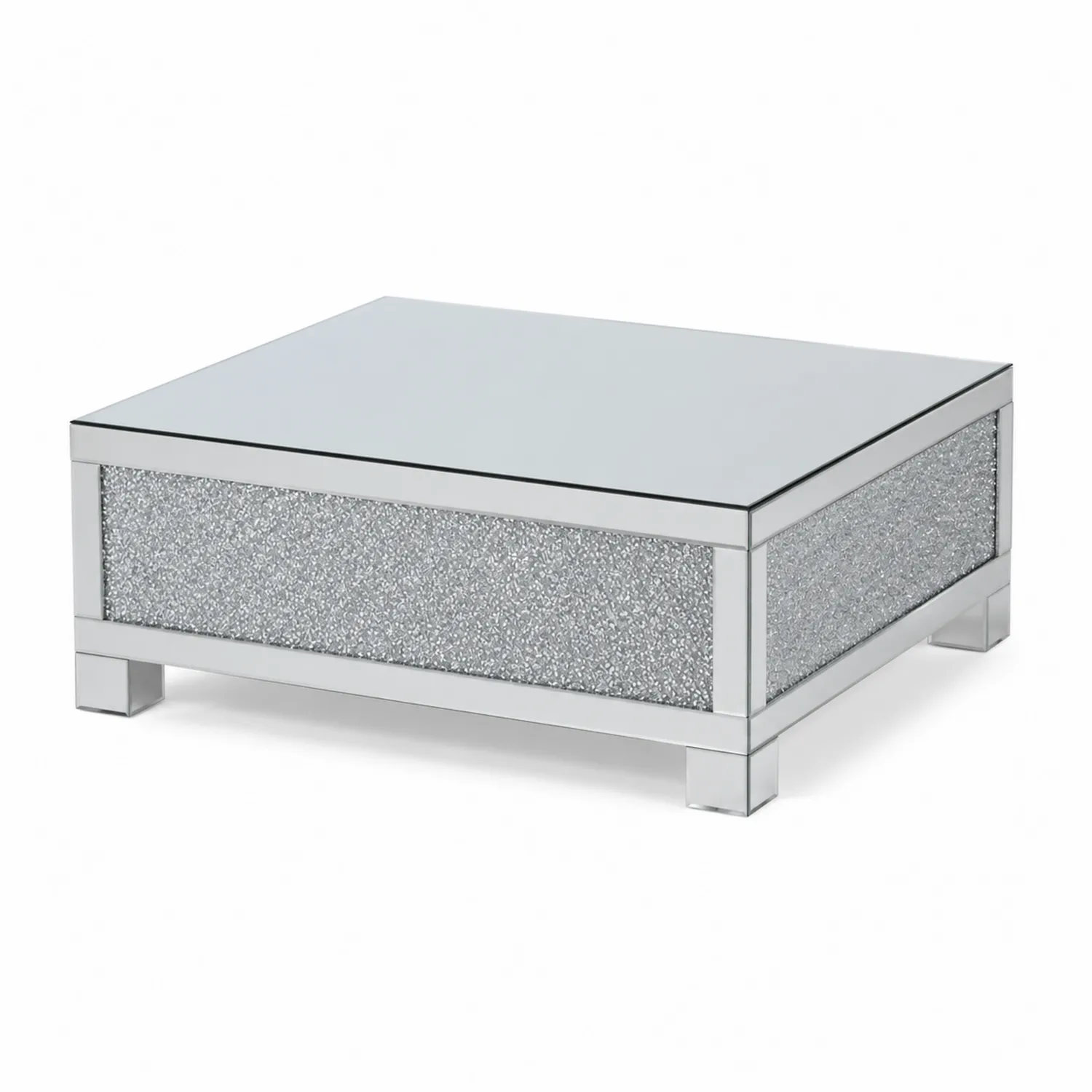 Table basse en verre trempé et métal chromé avec incrustations 80 cm