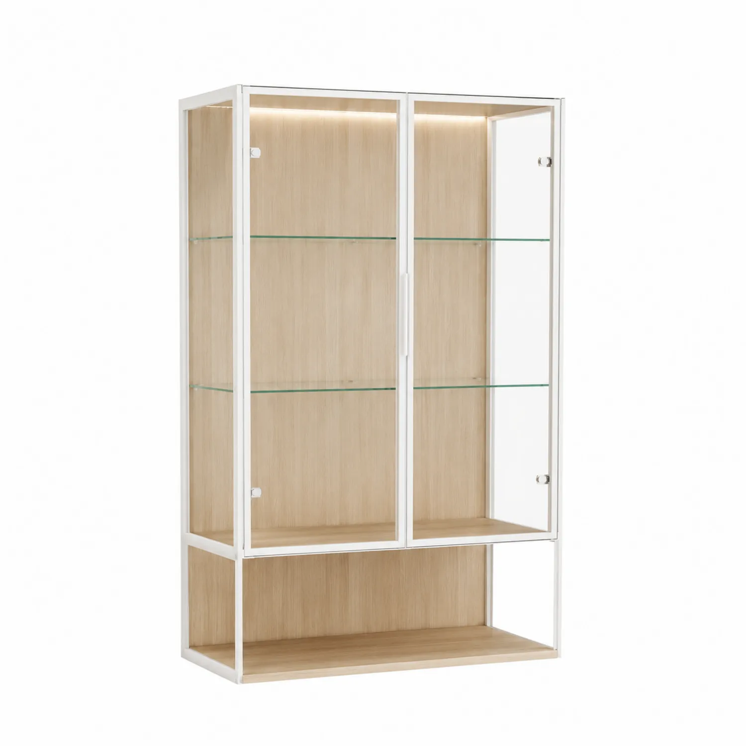 Armoire vitrée en métal et bois avec étagères en verre