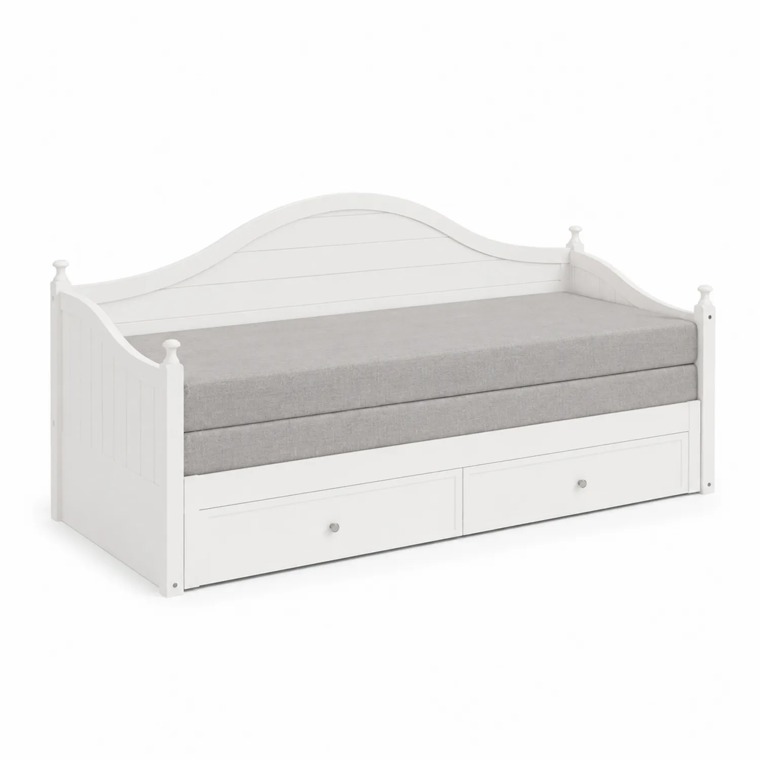 Lit banquette en bois avec matelas gris et tiroirs