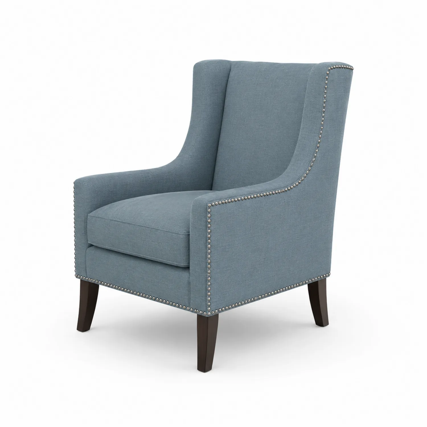 Fauteuil en tissu bleu avec clous de tapissier
