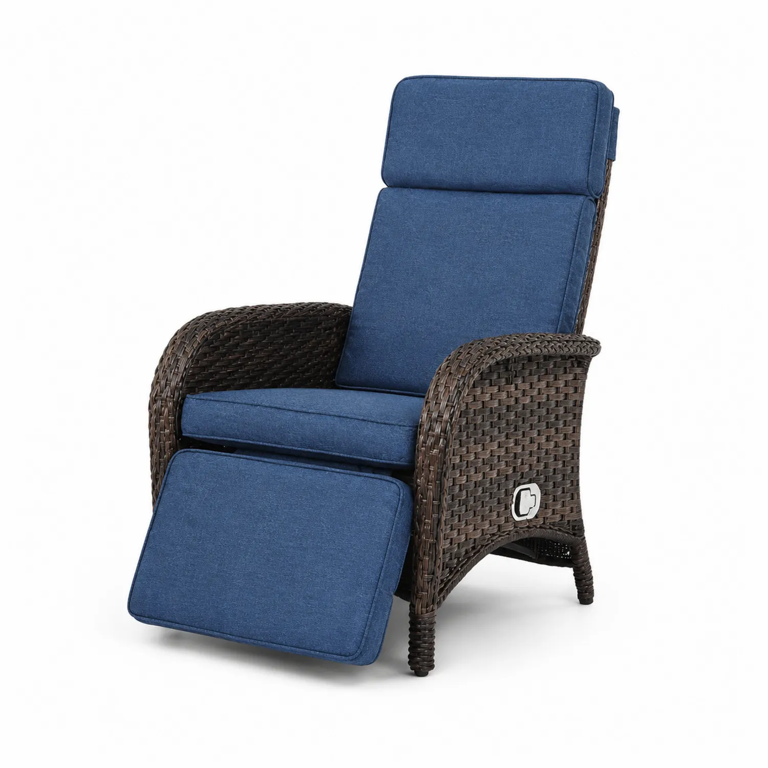 Fauteuil inclinable en résine tressée avec coussins en polyester bleu