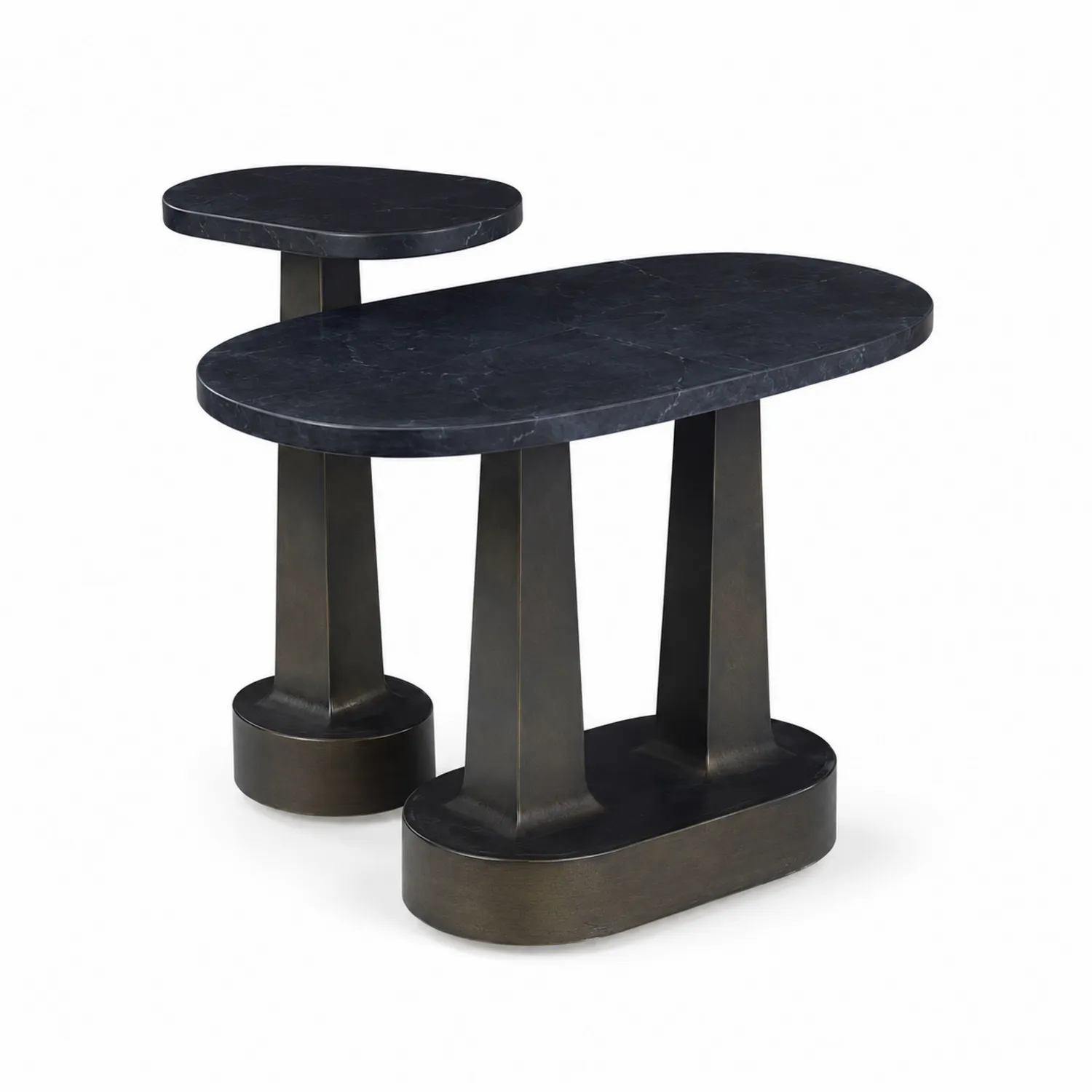 Tables Gigognes en Marbre Noir et Métal, Forme Ovale