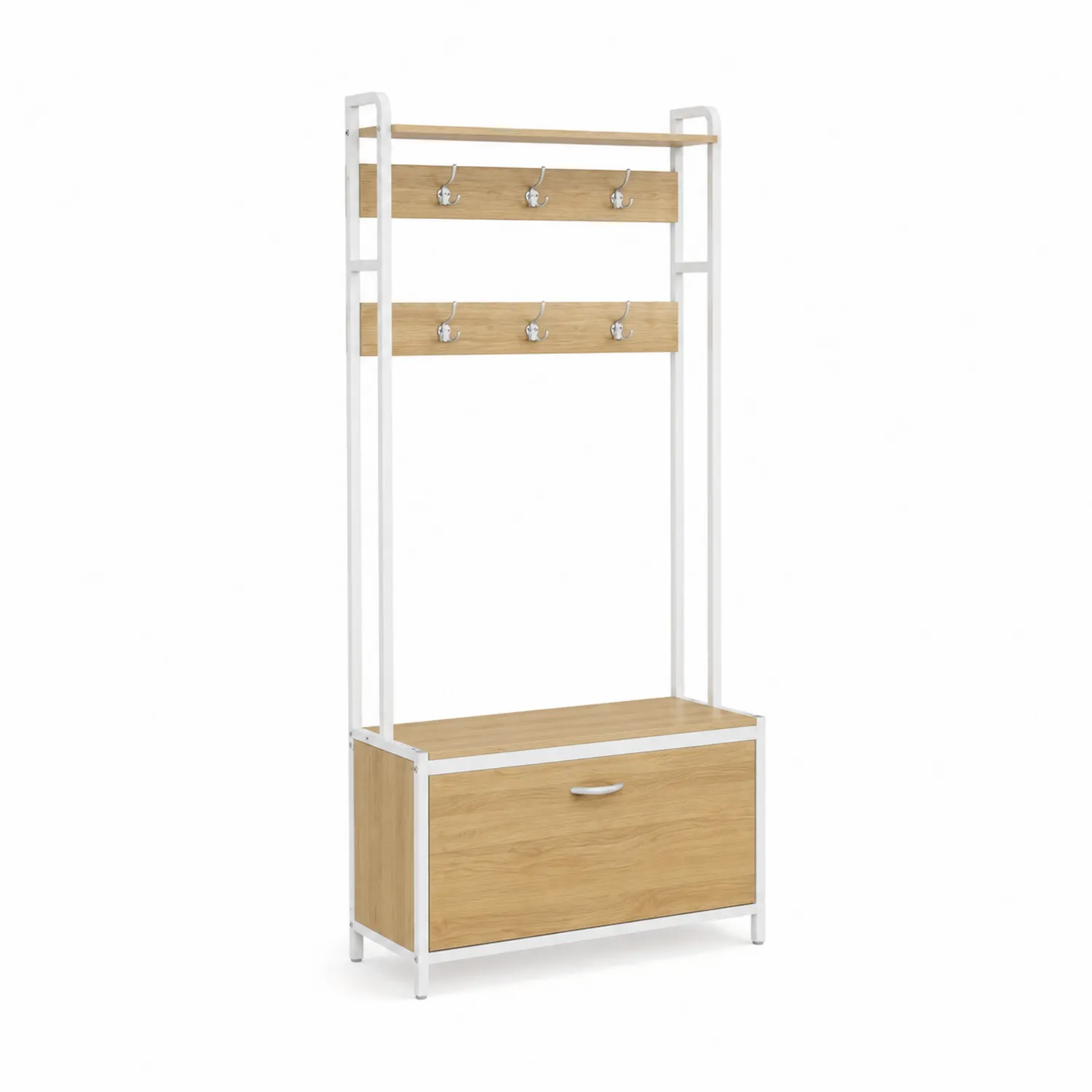 Portemanteau en bois avec banc en métal blanc