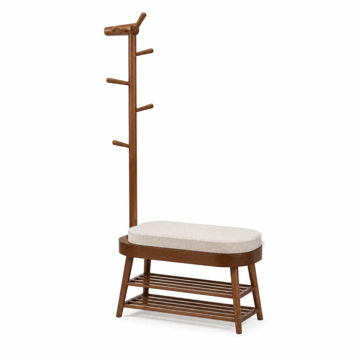 Banc en Bois avec Porte-Manteaux et Coussin en Lin Beige