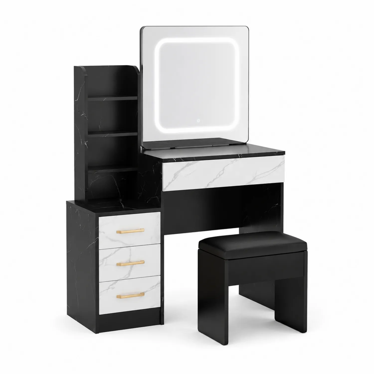 Coiffeuse avec Miroir LED et Tabouret en MDF avec Effet Marbre Noir et Blanc