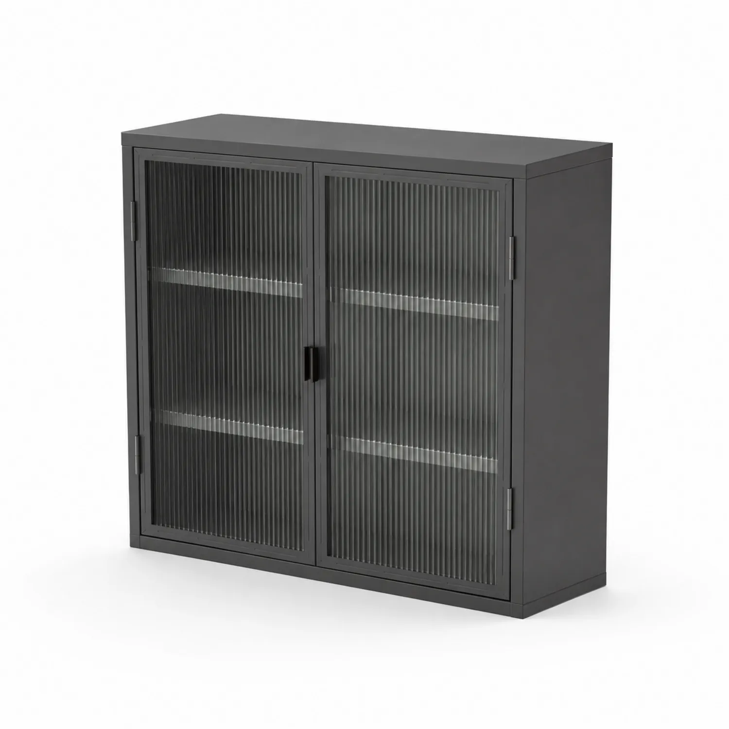 Armoire en métal noir avec portes en verre trempé cannelé