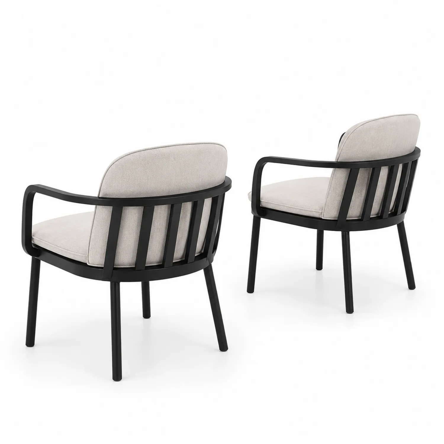 Chaises de jardin en aluminium noir avec coussins beige, ensemble de 2